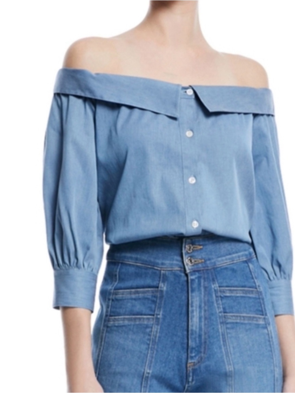 Veronica Beard Britta Off-the-Shoulder Chambray Button Down Top Blue Size 12